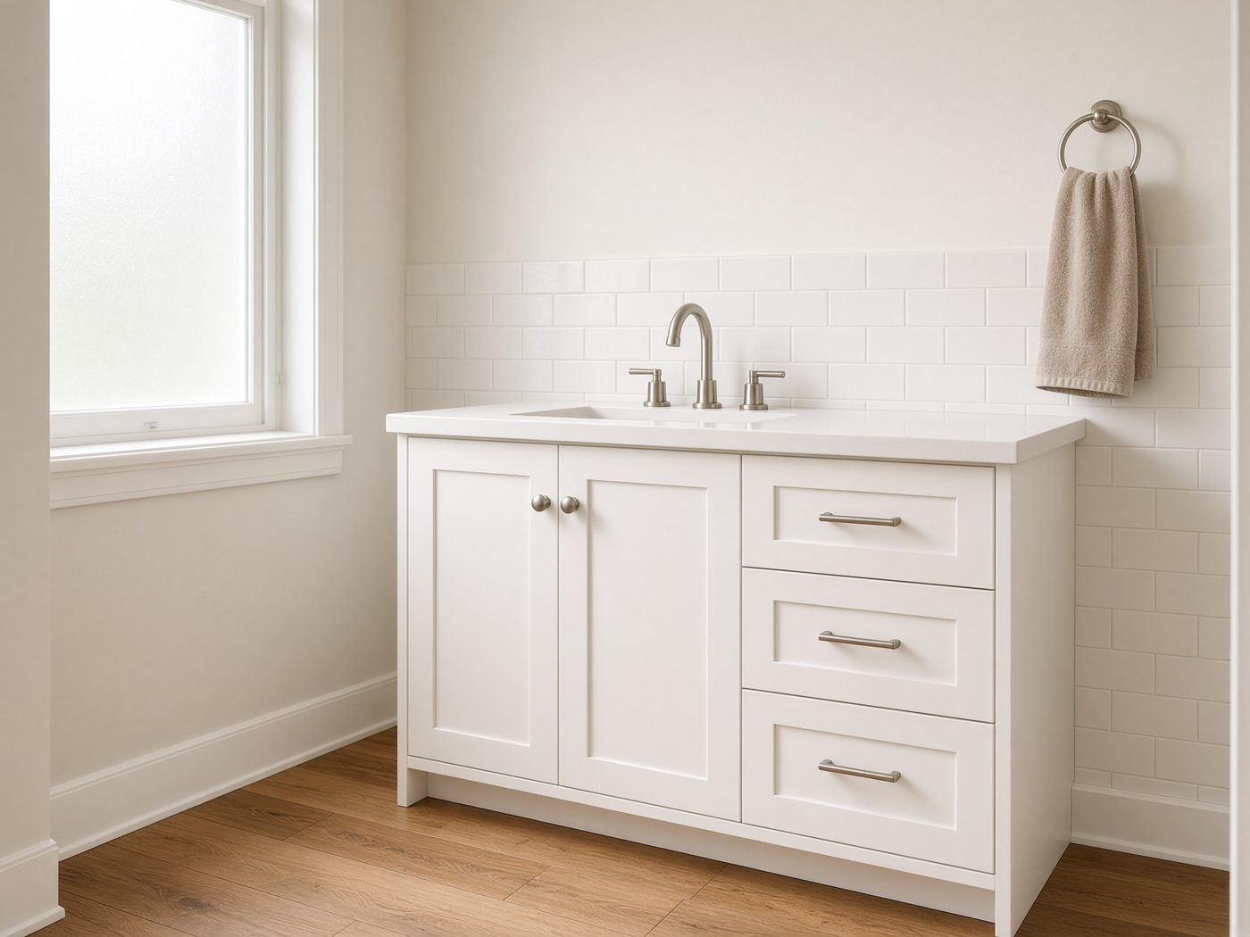 Bathroom vanity with a brushed-nickel faucet and tile backsplash