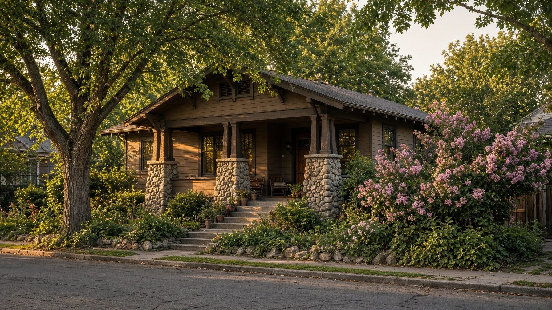 Craftsman bungalow with a well-kept porch in the Sacramento area