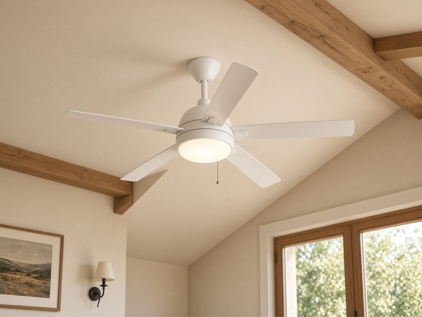 White ceiling fan with light kit on a vaulted ceiling