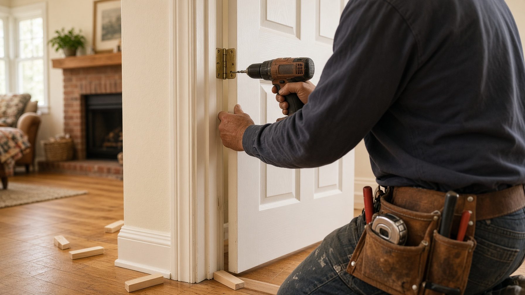 Handyman hanging a white interior door with a cordless drill