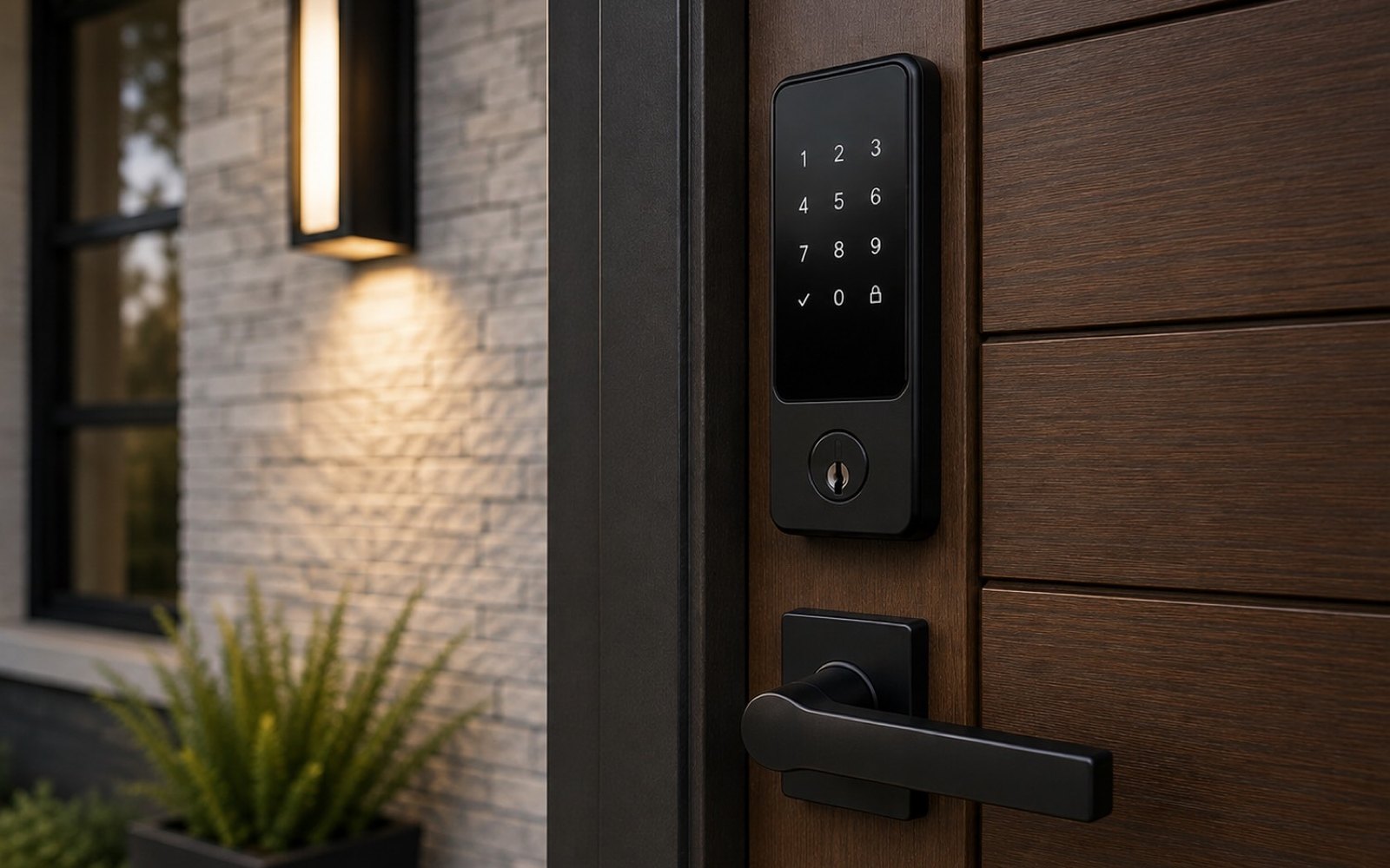 Black keypad deadbolt and lever installed on a wood entry door