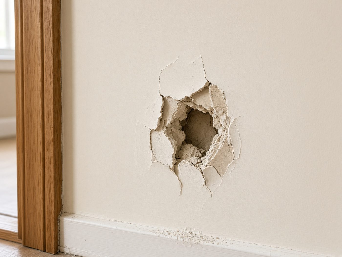 Hole in a painted interior drywall surface before patching