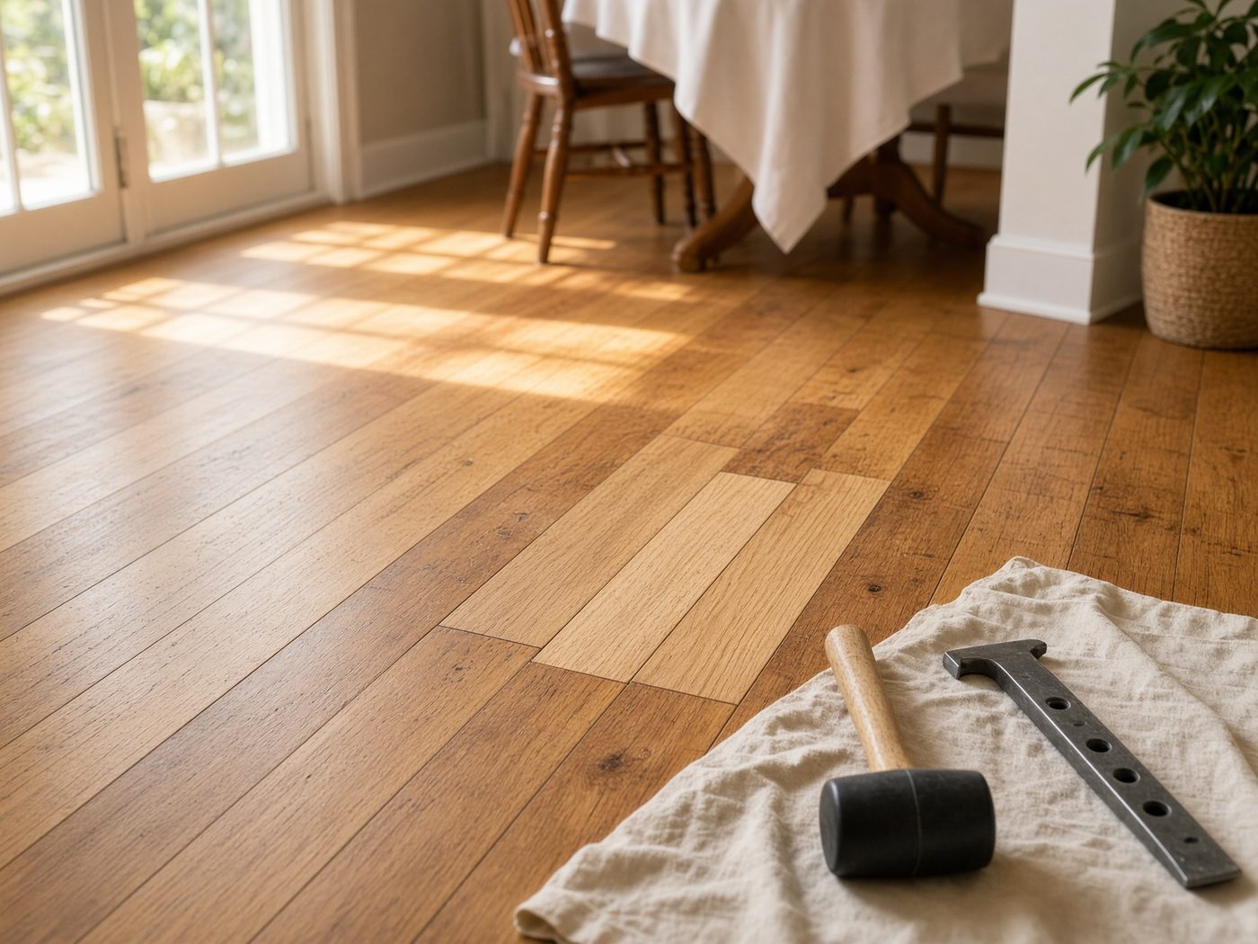 Replacement oak boards being fitted into an existing hardwood floor