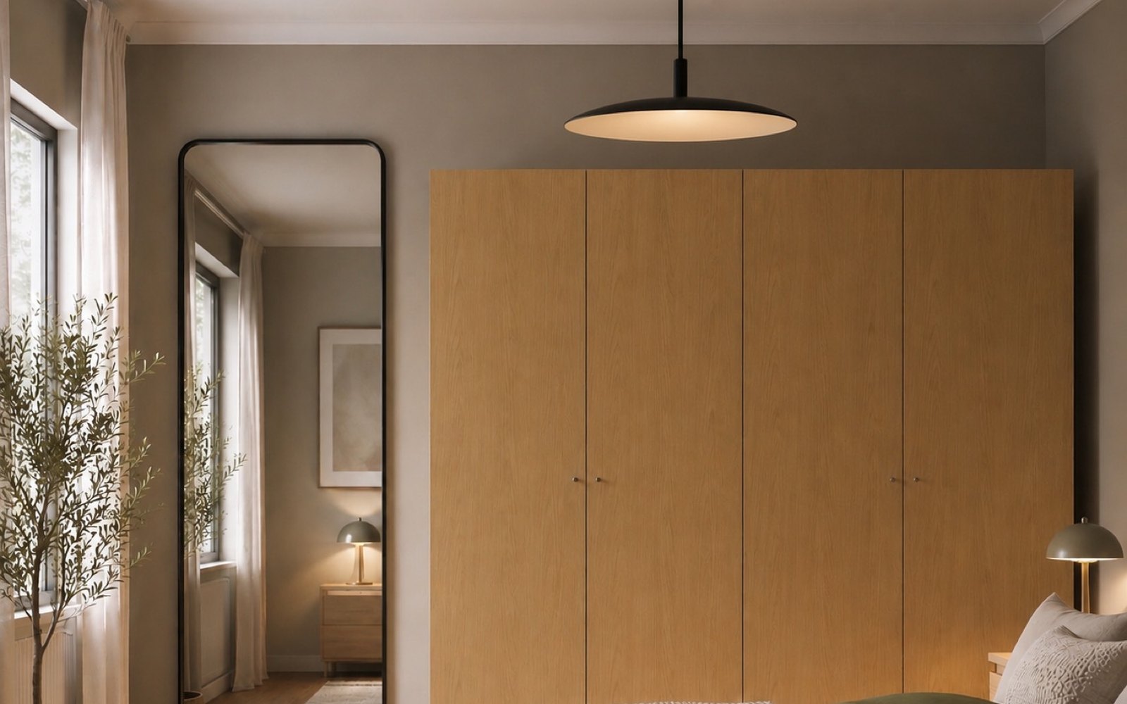 Assembled bedroom wardrobe and bed in a finished room