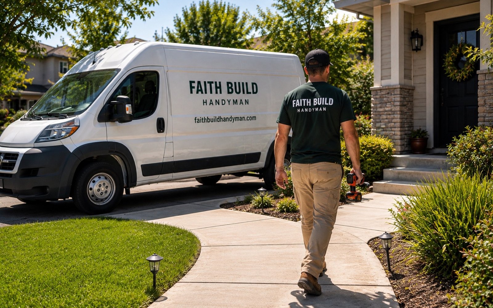 Faith Build Handyman van in a Sacramento-area driveway, technician walking up to the front door
