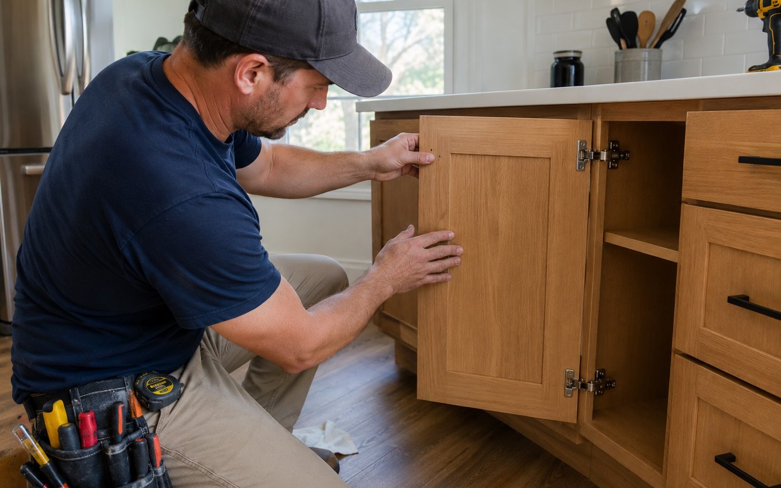 Handyman aligning a kitchen cabinet door on its hinges