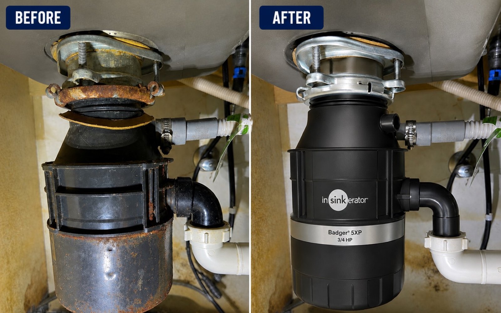 Before and after: rusted kitchen disposal replaced with a new InSinkErator under the sink
