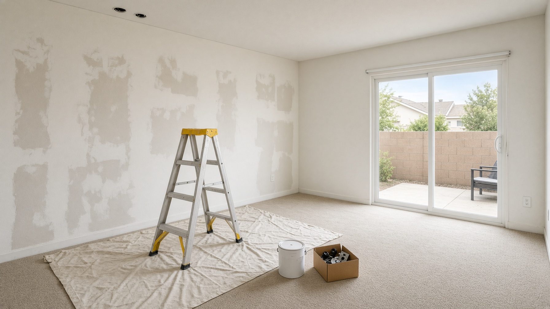 Empty rental living room with ladder, drop cloths, and wall prep
