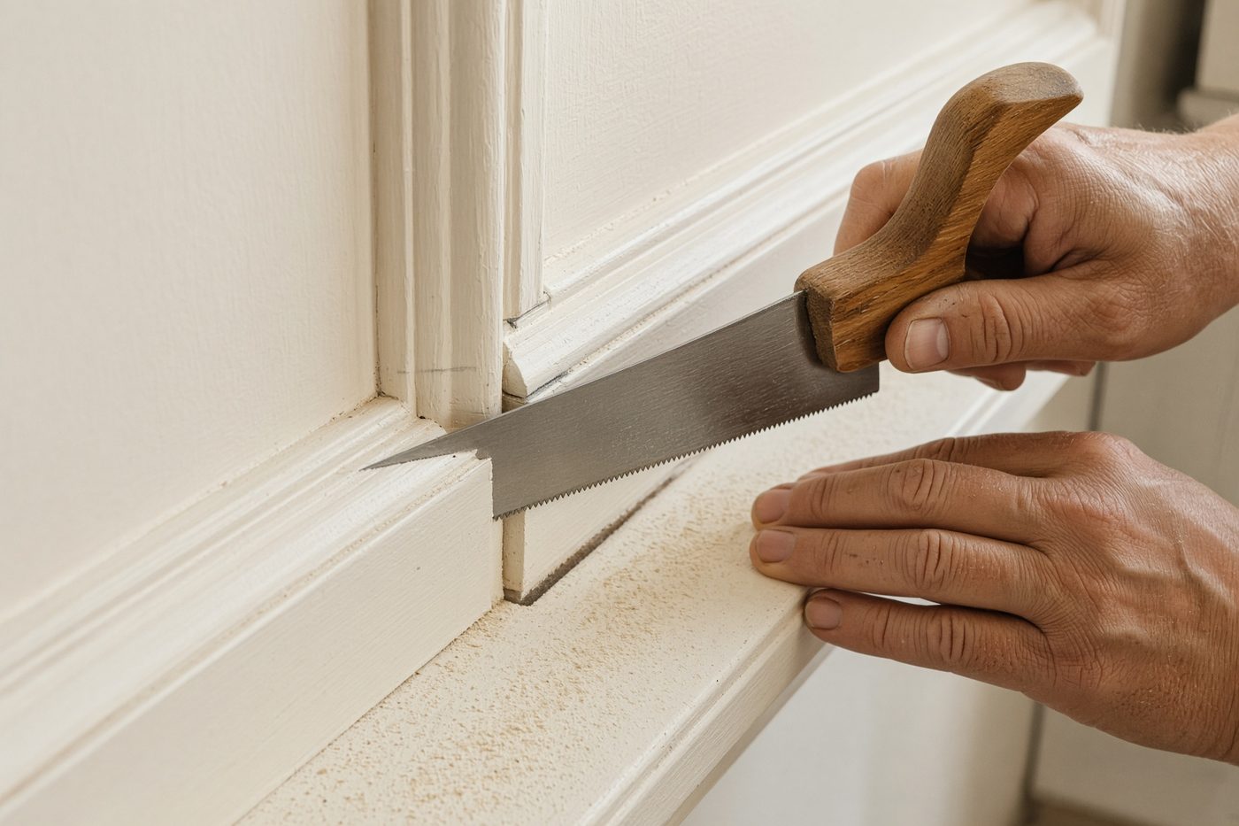 Hands cutting painted door casing with a pull saw