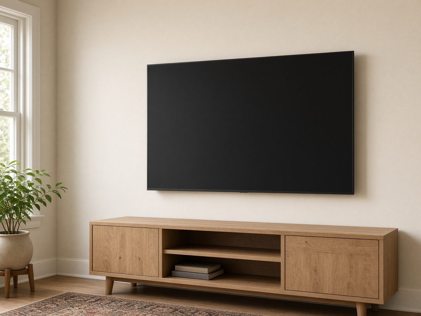 Flat-screen TV mounted on a living-room wall